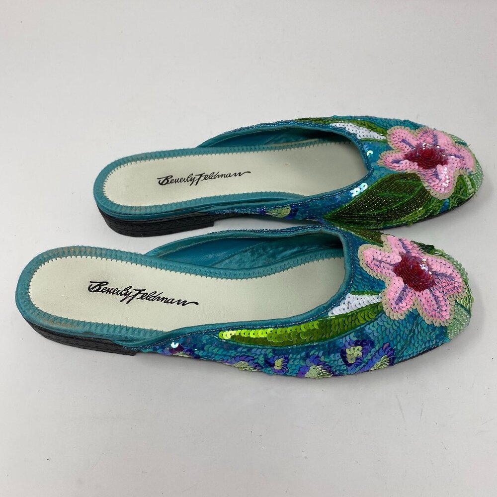 beverly feldman embellished floral slip on mules